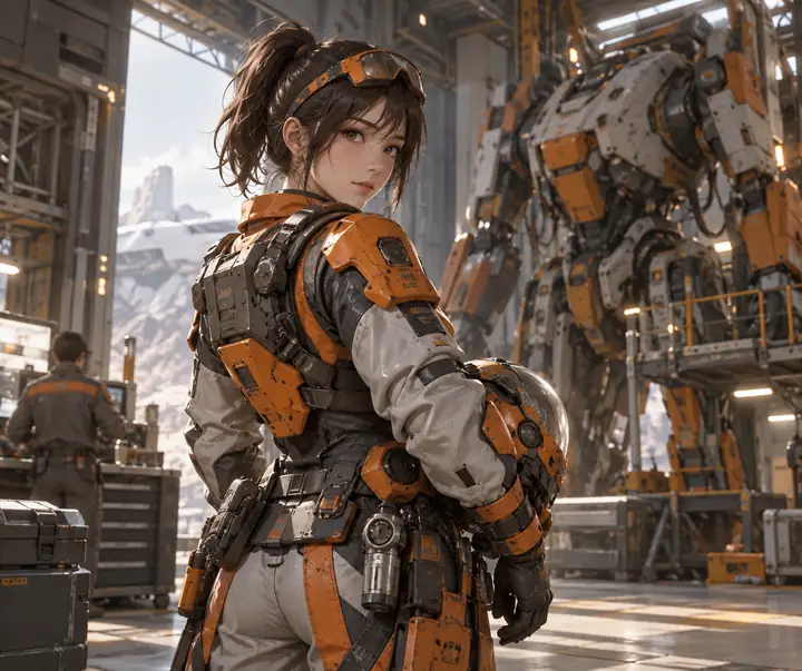 Anime-style engineer in orange and gray power armor
