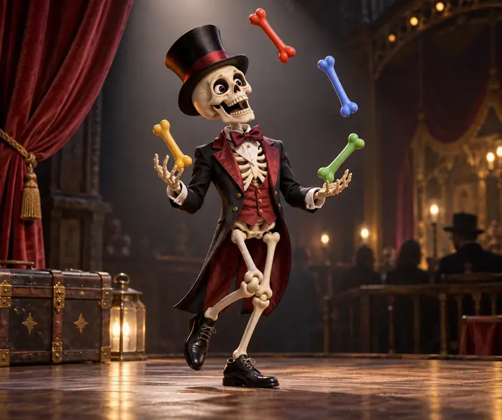 Cartoon skeleton juggler with top hat and colorful bones