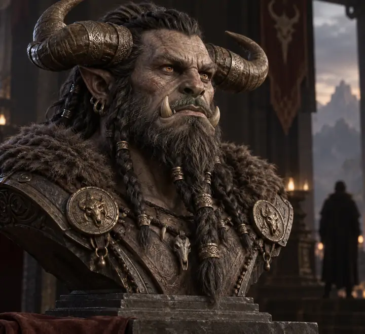 Dark fantasy horned orc bust with tusks, beard, and glowing eyes
