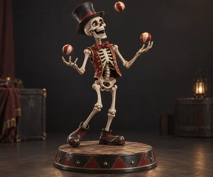 Input image of a cartoon skeleton juggler