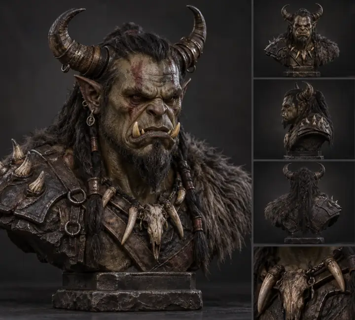 Input image of a dark fantasy horned orc bust