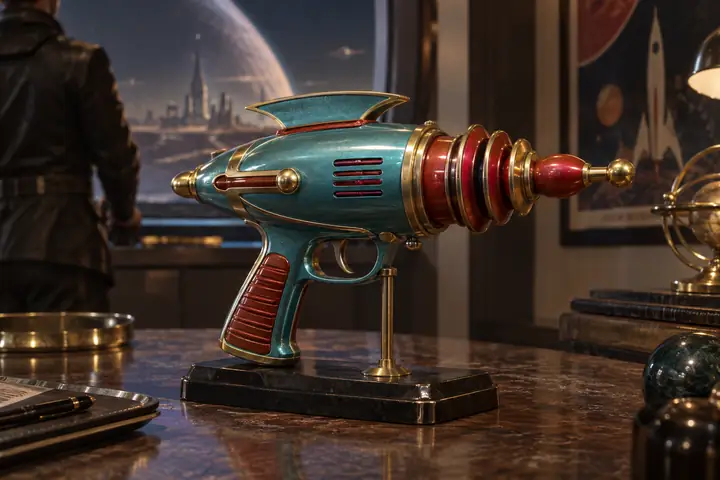 Retro turquoise, red, and gold ray gun