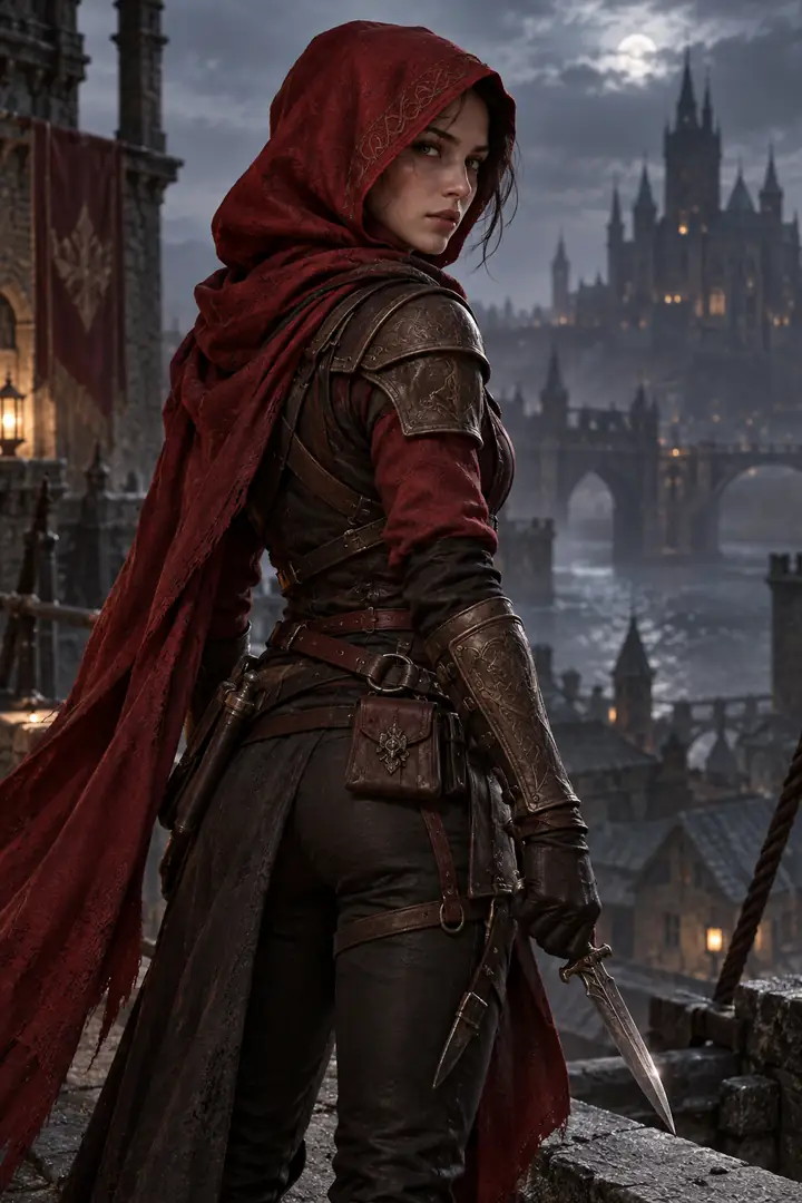 Stylized fantasy rogue in a hooded red outfit