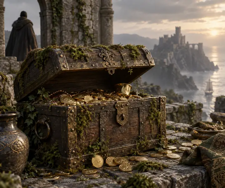 Stylized treasure chest with gold coins and moss